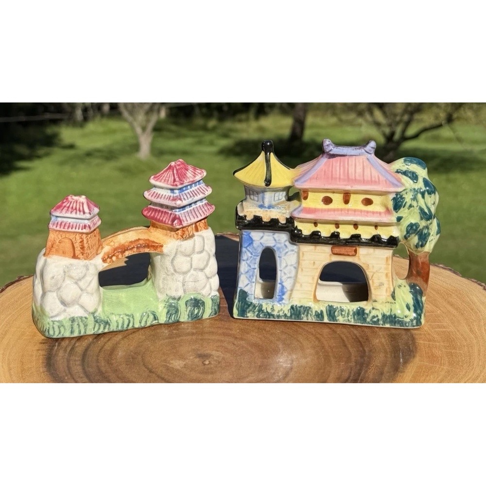 Vintage Japan Ceramic Aquarium Decor Pagoda Bridge Set of 2 Fish Tank MCM